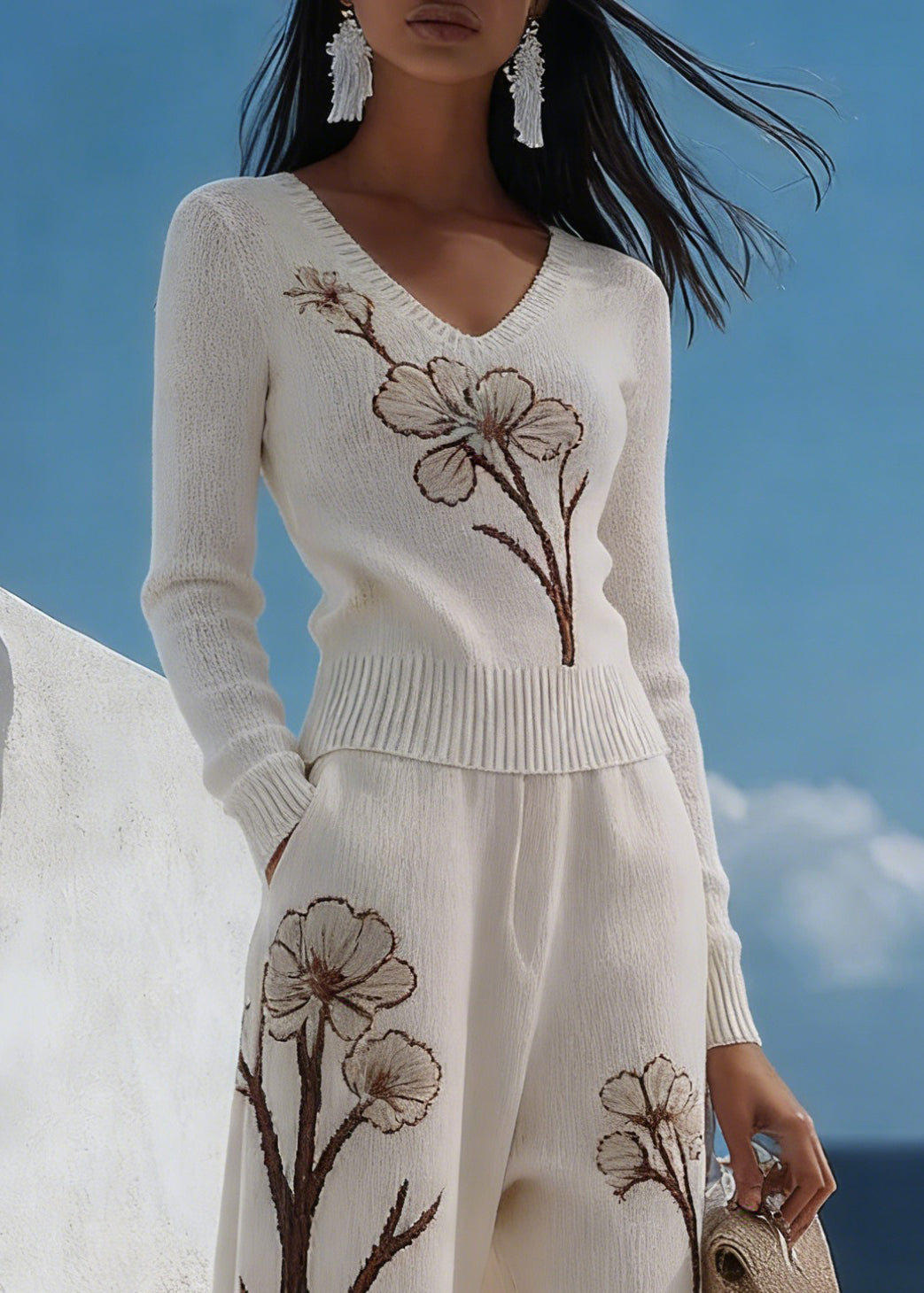 Art White V Neck Print Pockets Knit Two Pieces Set Spring - Omychic