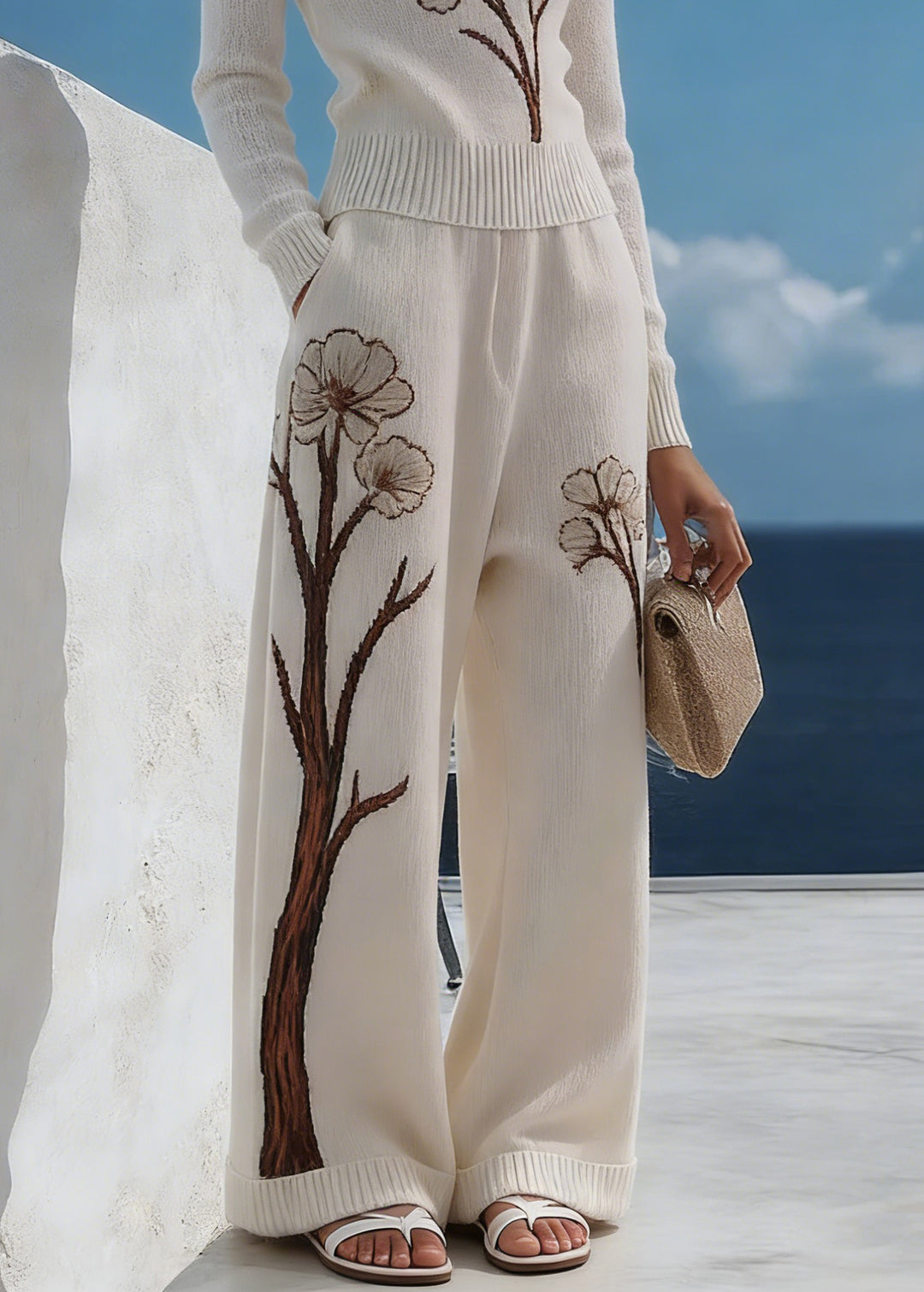 Art White V Neck Print Pockets Knit Two Pieces Set Spring - Omychic