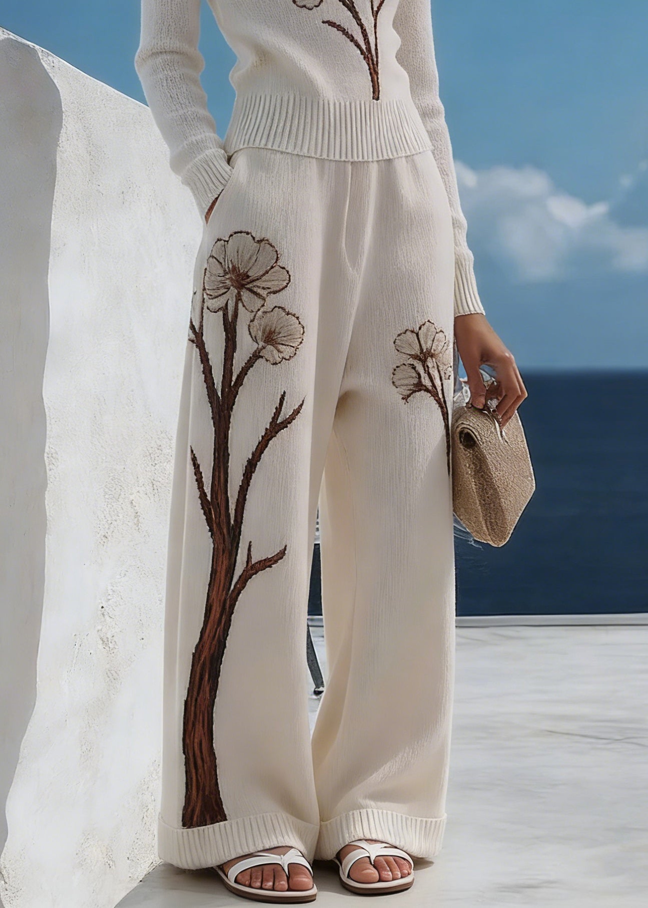 Art White V Neck Print Pockets Knit Two Pieces Set Spring - Omychic