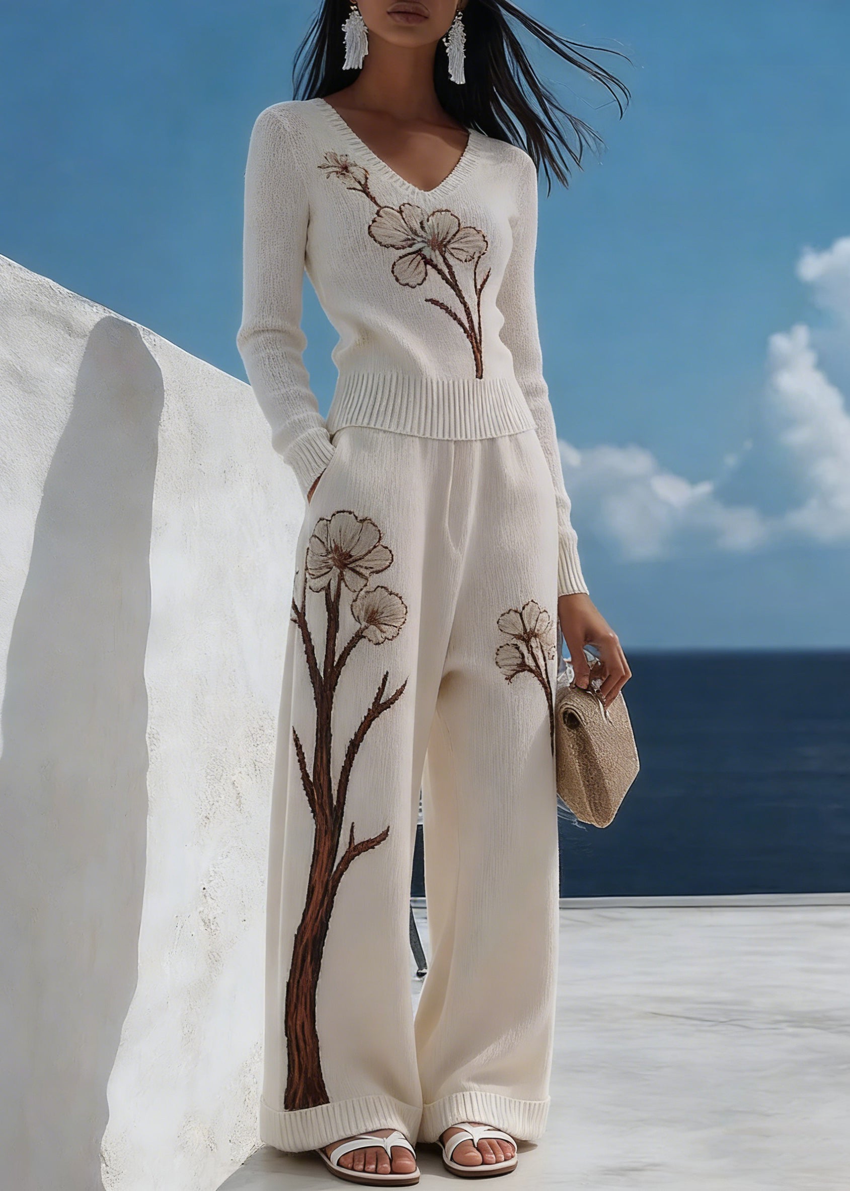 Art White V Neck Print Pockets Knit Two Pieces Set Spring - Omychic