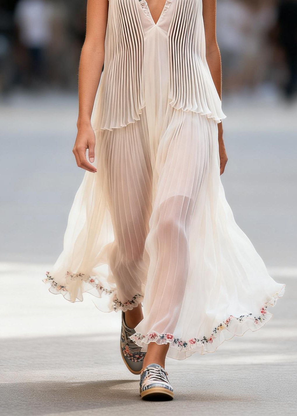 Art White V Neck Ruffled Print Patchwork Chiffon Dresses Sleeveless