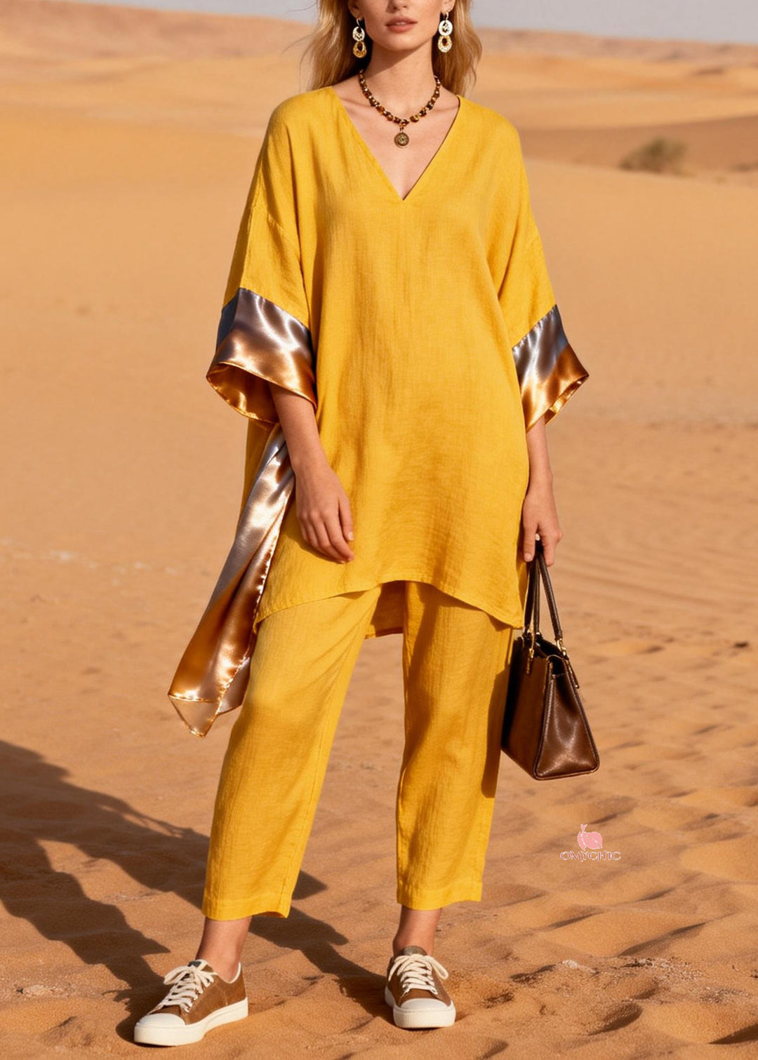 Art Yellow Asymmetrical Silk Patchwork Linen Two Pieces Set Bracelet Sleeve