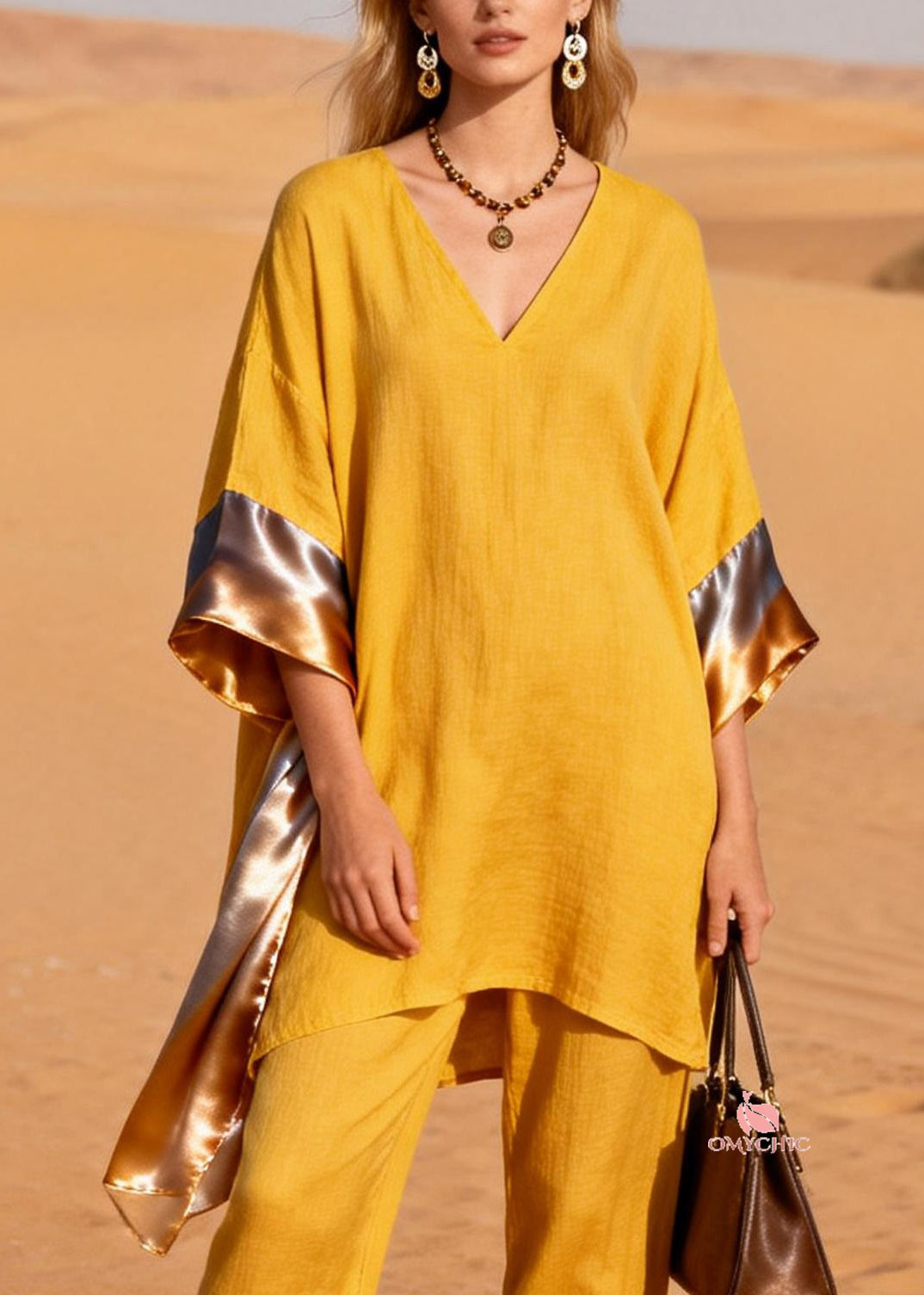 Art Yellow Asymmetrical Silk Patchwork Linen Two Pieces Set Bracelet Sleeve