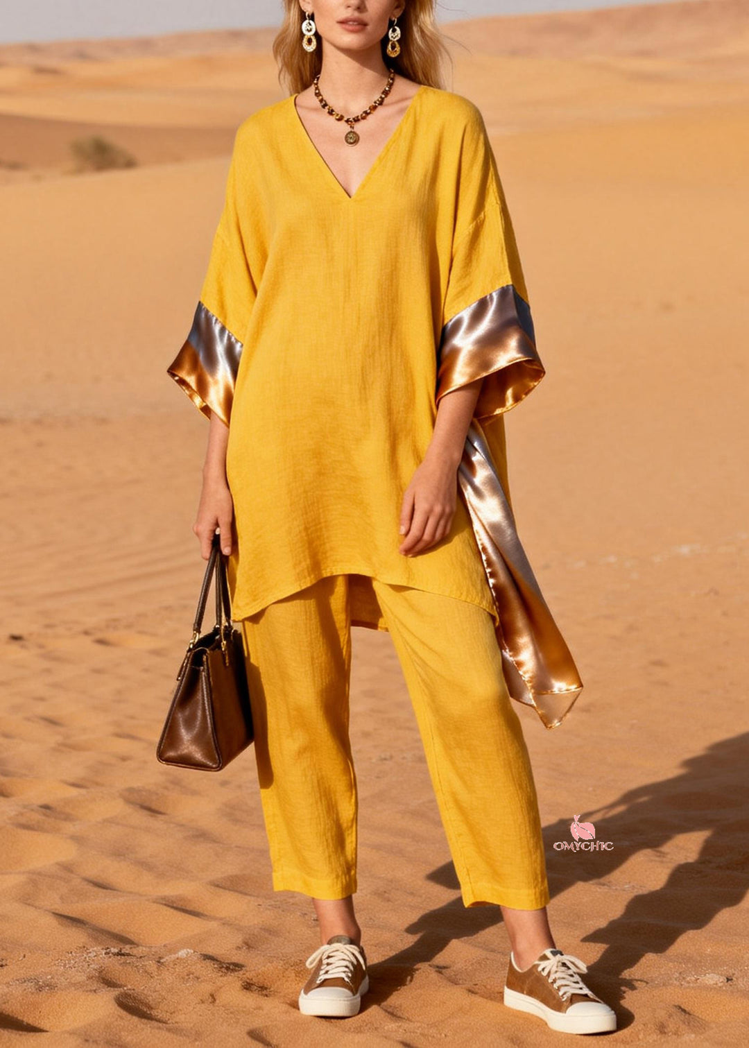 Art Yellow Asymmetrical Silk Patchwork Linen Two Pieces Set Bracelet Sleeve