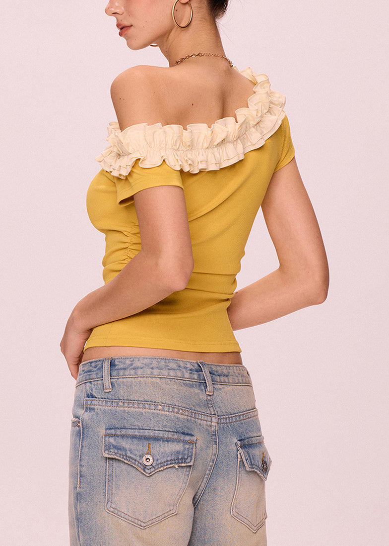 Art Yellow Cold Shoulder Ruffled Cotton T Shirt Summer