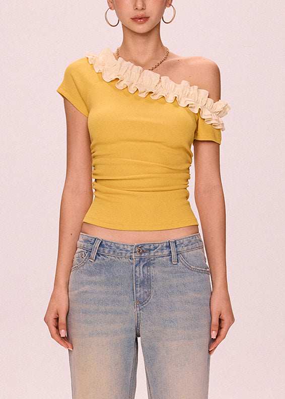Art Yellow Cold Shoulder Ruffled Cotton T Shirt Summer