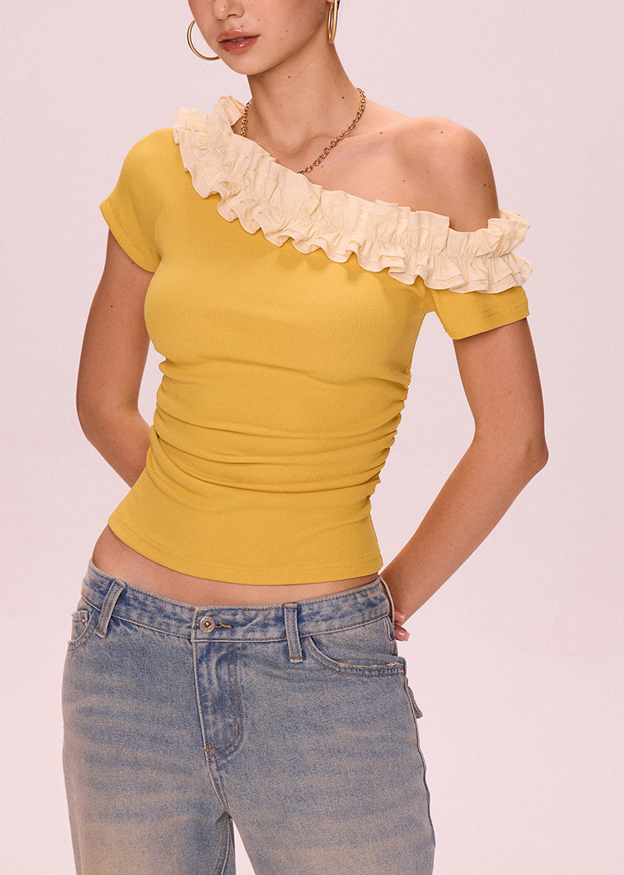 Art Yellow Cold Shoulder Ruffled Cotton T Shirt Summer