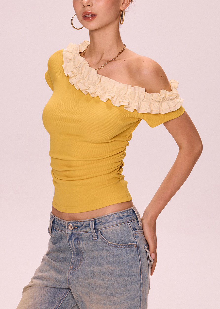 Art Yellow Cold Shoulder Ruffled Cotton T Shirt Summer