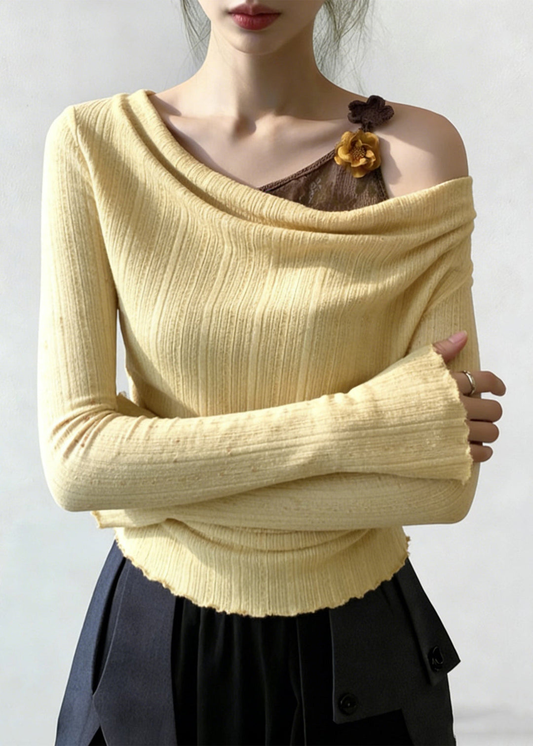 Art Yellow Floral False Two Pieces Patchwork Knitting Cotton T Shirt Flare Sleeve