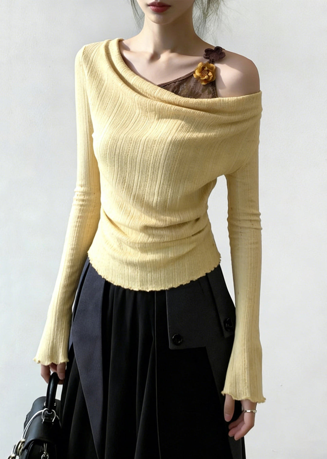 Art Yellow Floral False Two Pieces Patchwork Knitting Cotton T Shirt Flare Sleeve