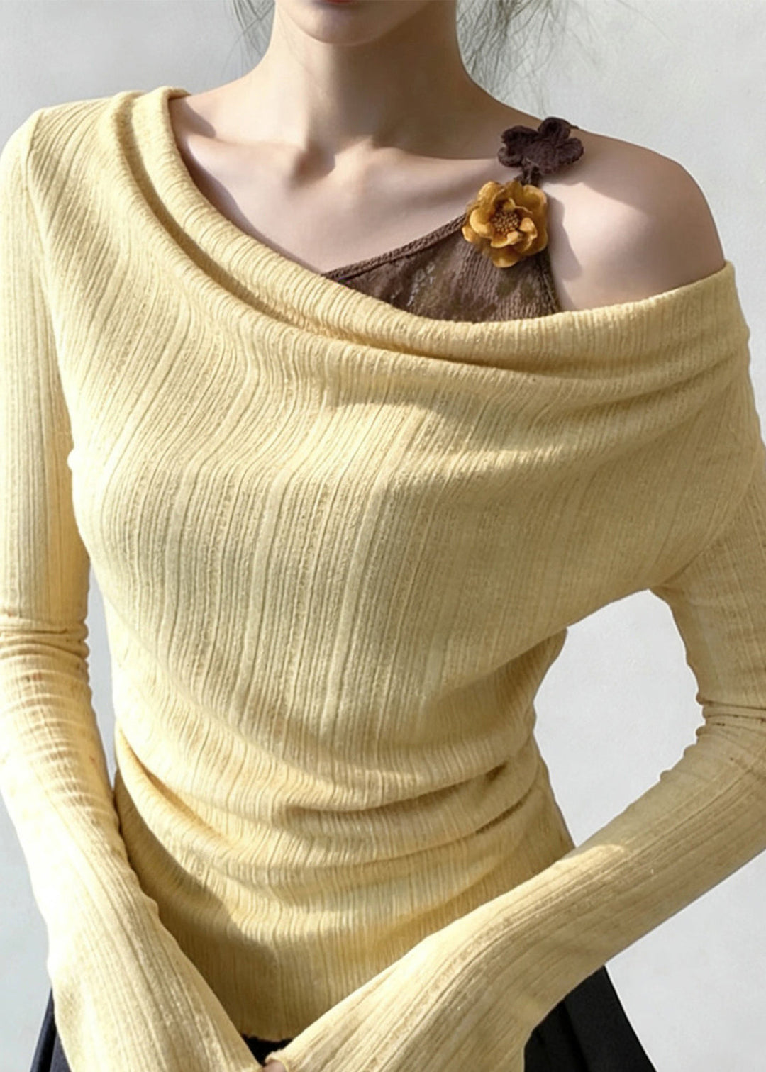 Art Yellow Floral False Two Pieces Patchwork Knitting Cotton T Shirt Flare Sleeve