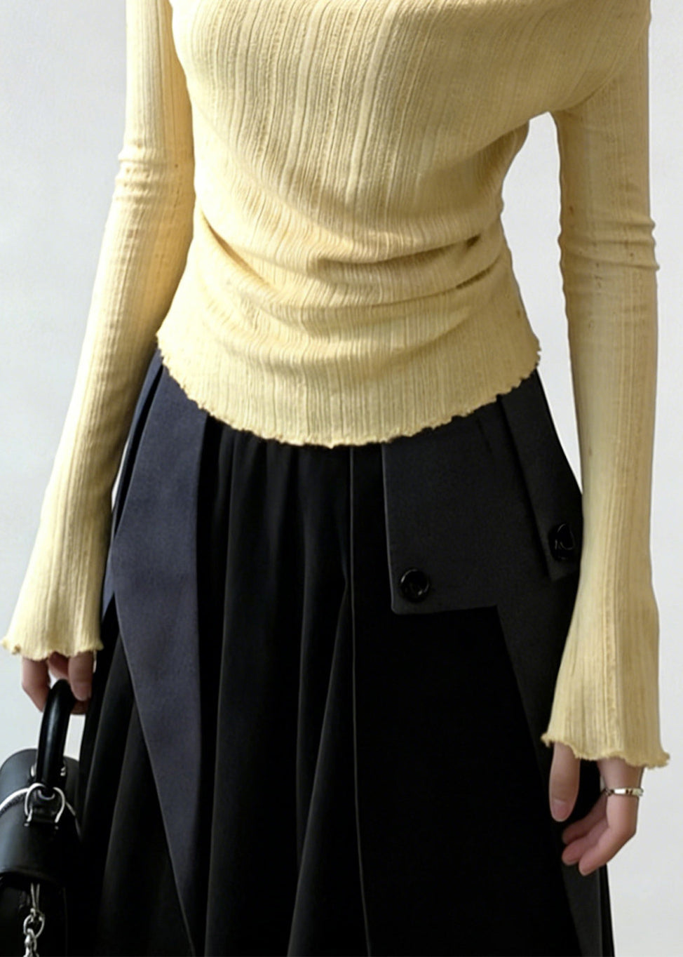 Art Yellow Floral False Two Pieces Patchwork Knitting Cotton T Shirt Flare Sleeve