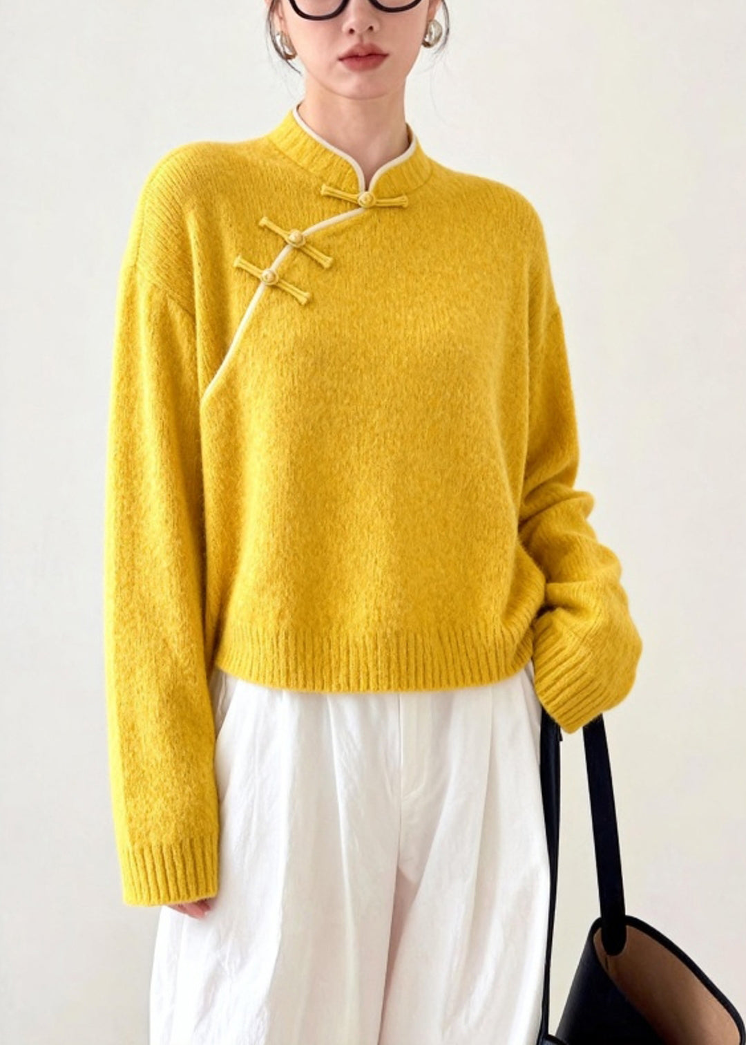 Art Yellow Mandarin Collar Chinese Button Knitted Tops Winter