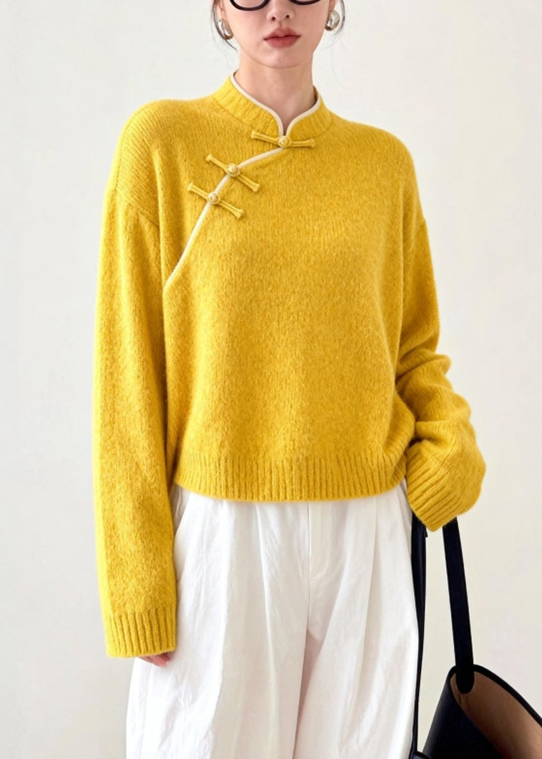 Art Yellow Mandarin Collar Chinese Button Knitted Tops Winter