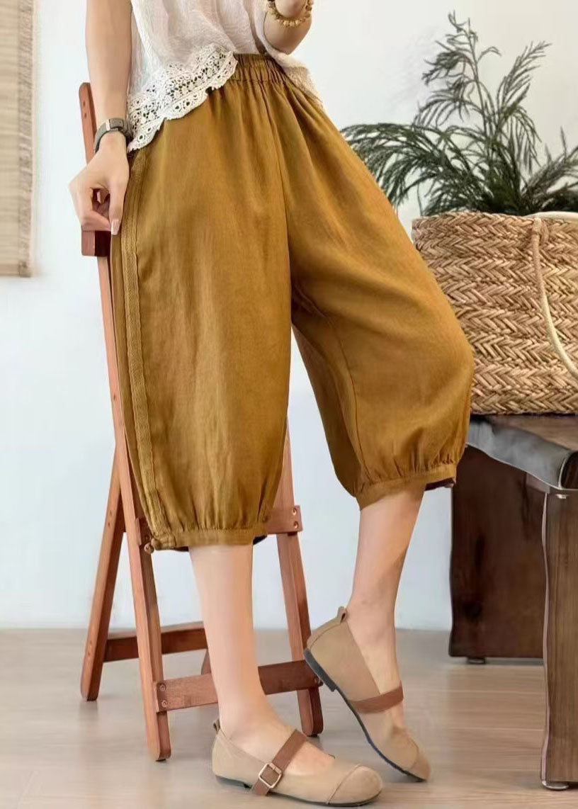 Art Yellow Oversized Chinese Button Linen Crop Pants Summer
