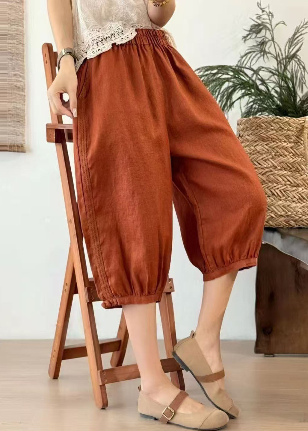 Art Yellow Oversized Chinese Button Linen Crop Pants Summer
