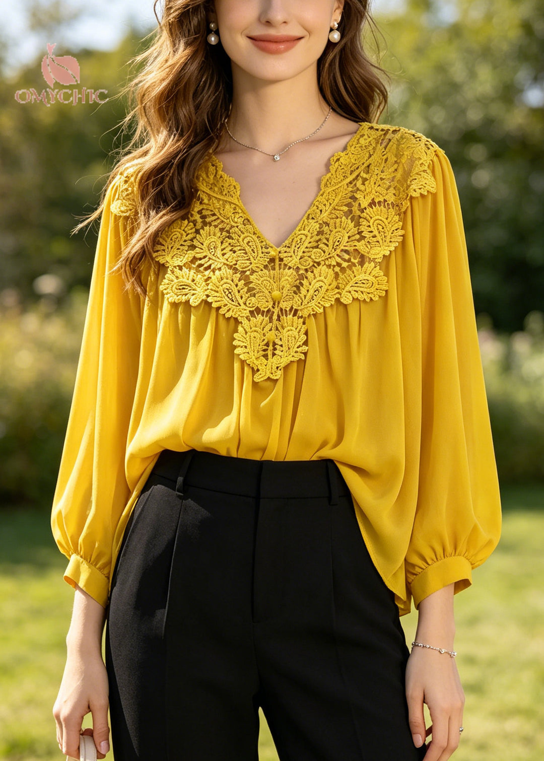 Art Yellow Oversized Patchwork Hollow Out Chiffon Blouses Summer