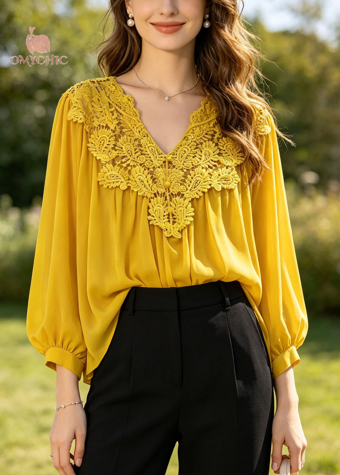 Art Yellow Oversized Patchwork Hollow Out Chiffon Blouses Summer