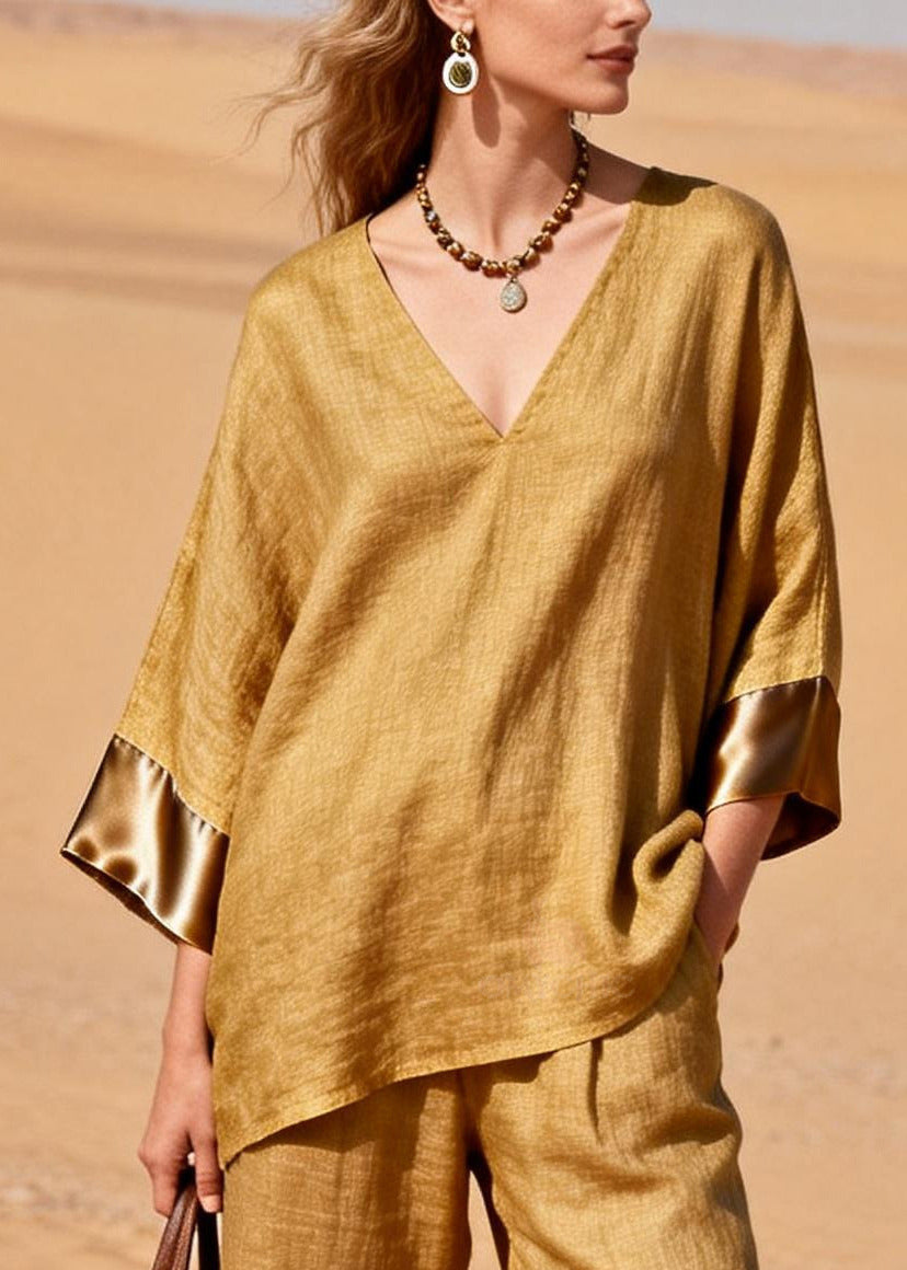 Art Yellow Oversized Patchwork Linen Two Pieces Set Spring