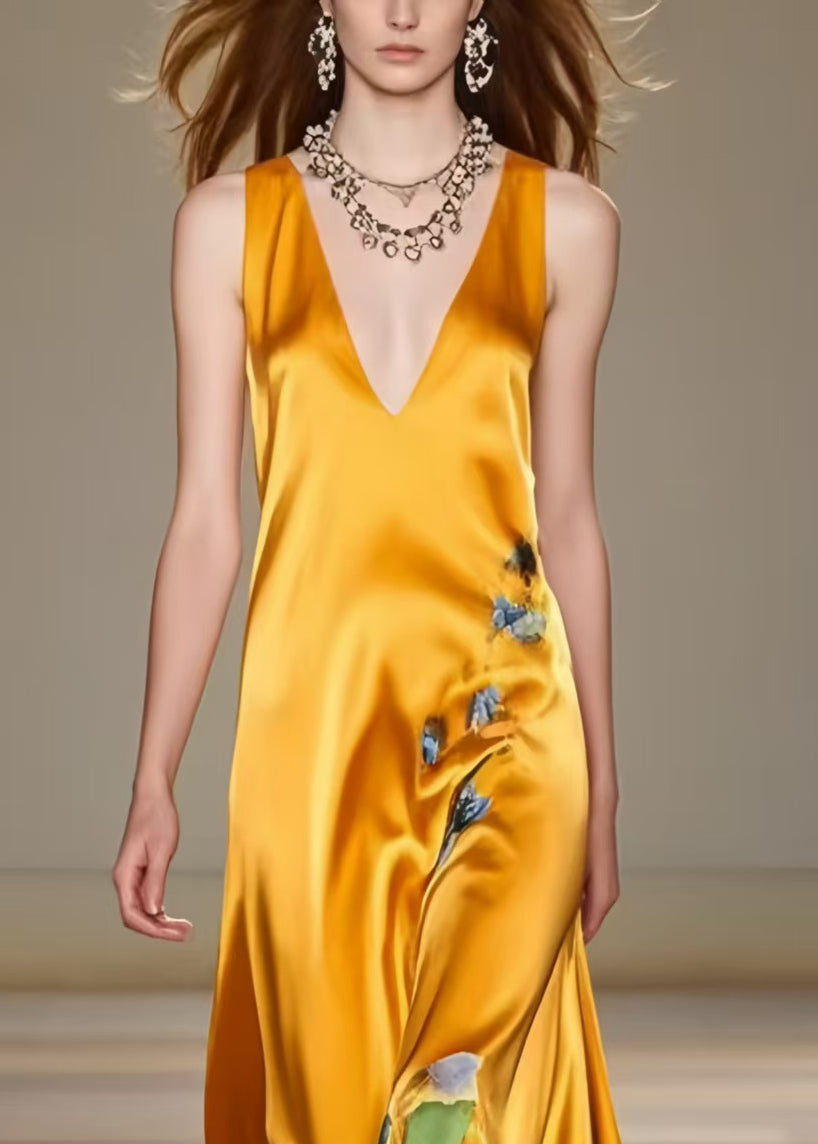 Art Yellow Print Draping Silk Cami Dress Summer