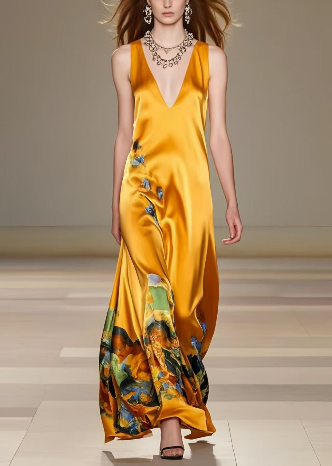 Art Yellow Print Draping Silk Cami Dress Summer