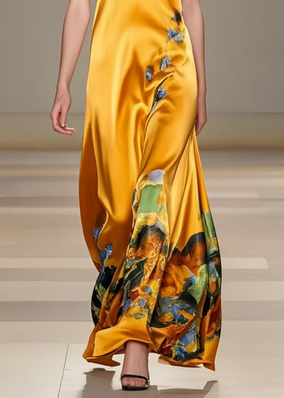 Art Yellow Print Draping Silk Cami Dress Summer