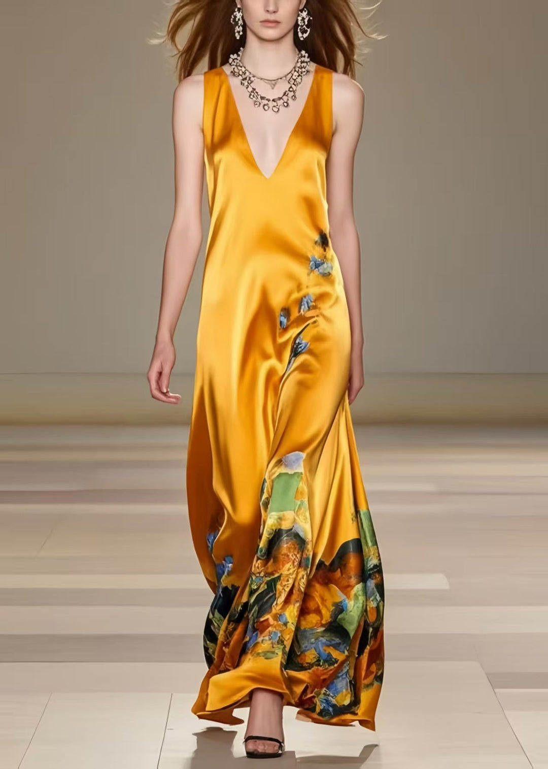Art Yellow Print Draping Silk Cami Dress Summer