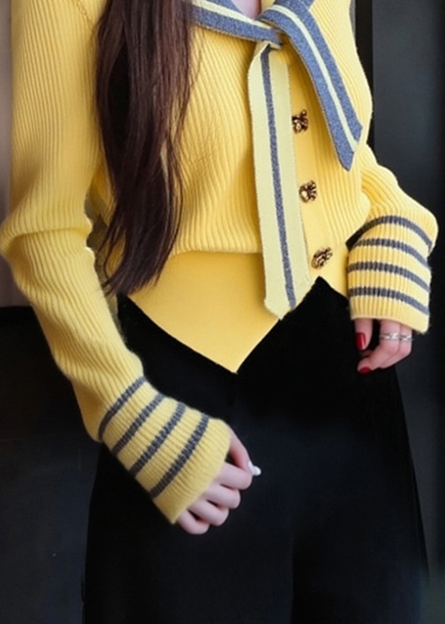 Art Yellow Sailor Collar Button Patchwork Knit Coat Winter