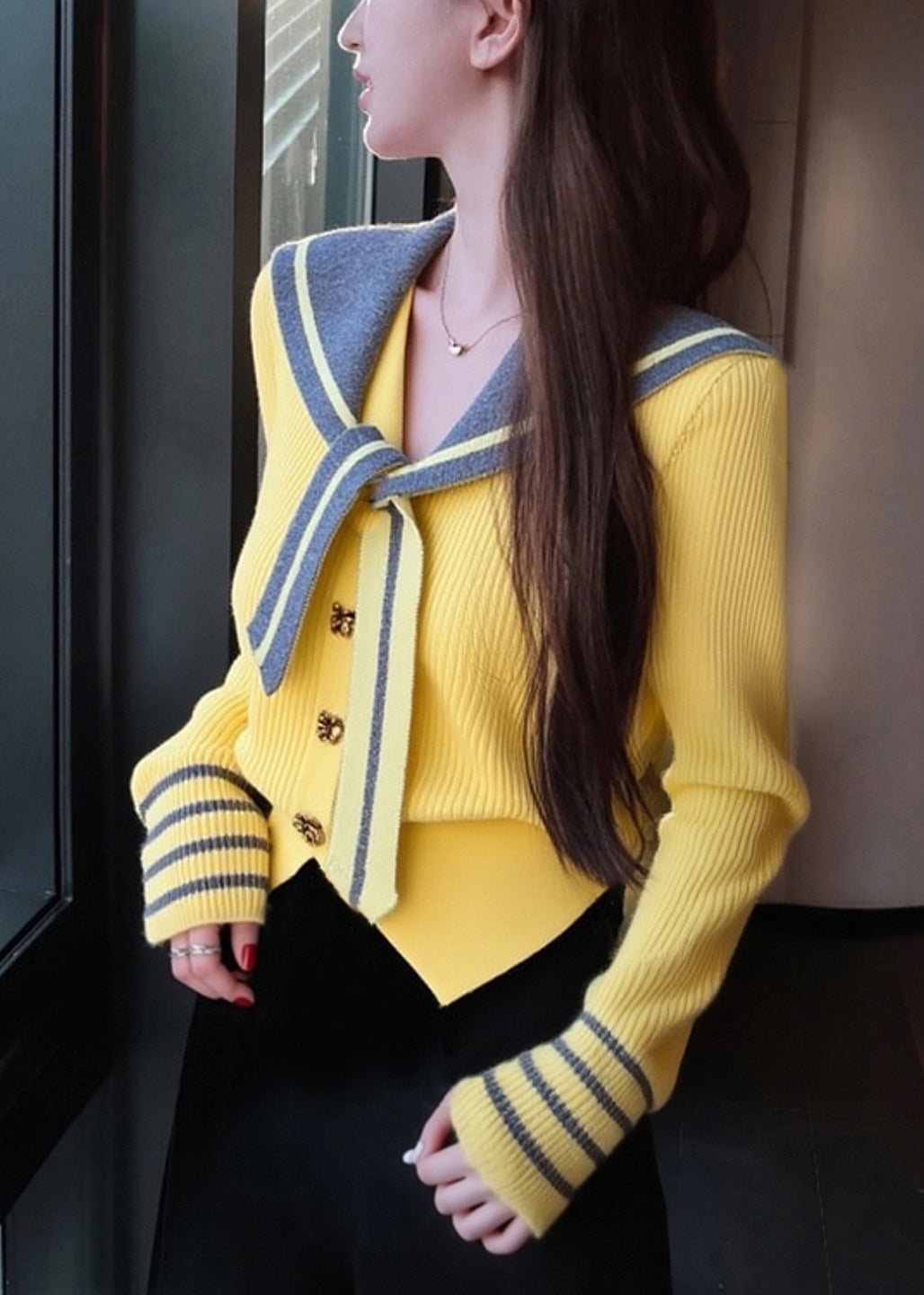 Art Yellow Sailor Collar Button Patchwork Knit Coat Winter