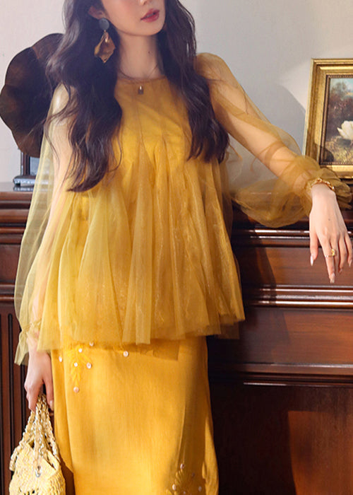 Art Yellow Solid Tank And Tops Tulle Two Pieces Set Butterfly Sleeve