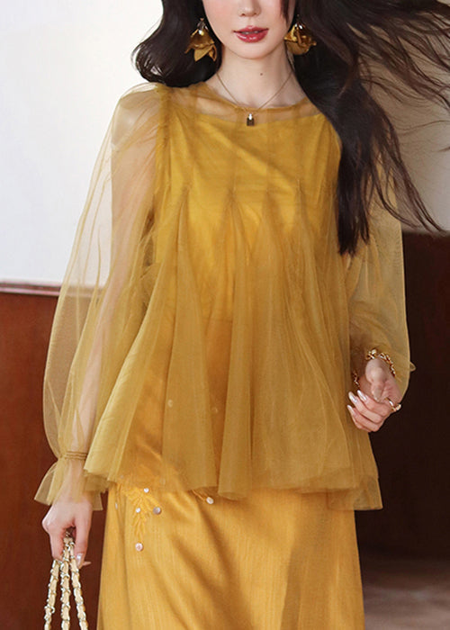 Art Yellow Solid Tank And Tops Tulle Two Pieces Set Butterfly Sleeve