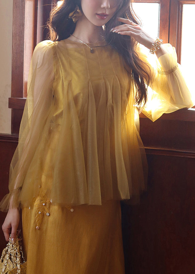 Art Yellow Solid Tank And Tops Tulle Two Pieces Set Butterfly Sleeve