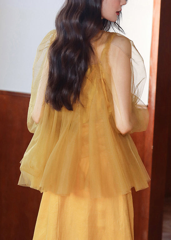 Art Yellow Solid Tank And Tops Tulle Two Pieces Set Butterfly Sleeve