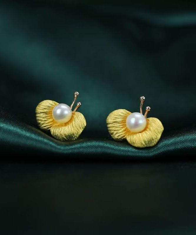 Art Yellow Sterling Silver Overgild Pearl Butterfly Stud Earrings