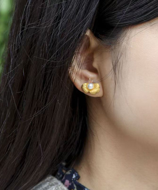 Art Yellow Sterling Silver Overgild Pearl Butterfly Stud Earrings