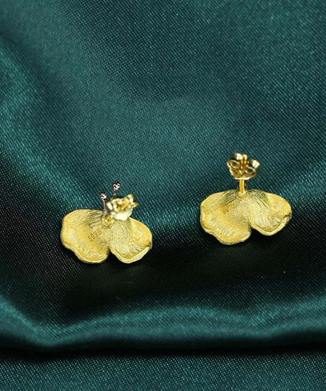 Art Yellow Sterling Silver Overgild Pearl Butterfly Stud Earrings