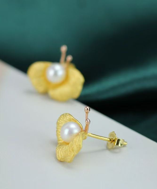 Art Yellow Sterling Silver Overgild Pearl Butterfly Stud Earrings