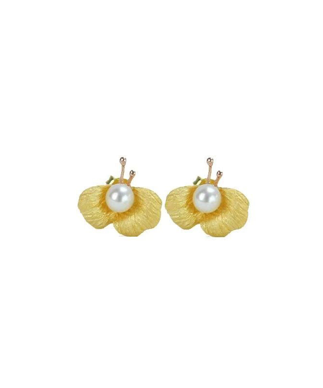 Art Yellow Sterling Silver Overgild Pearl Butterfly Stud Earrings