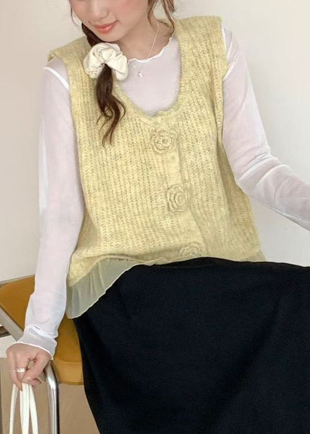 Art Yellow V Neck Floral Knit Vest Tops Spring