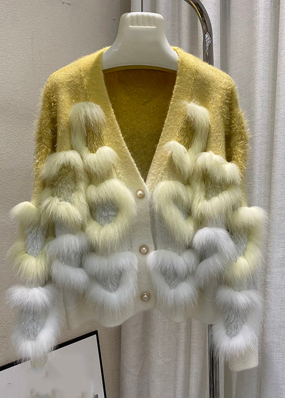 Art Yellow V Neck Patchwork Button Cotton Knit Cardigan Winter