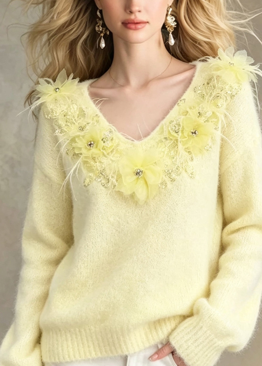 Art Yellow V Neck Thick Floral Knit Short Sweater Fall