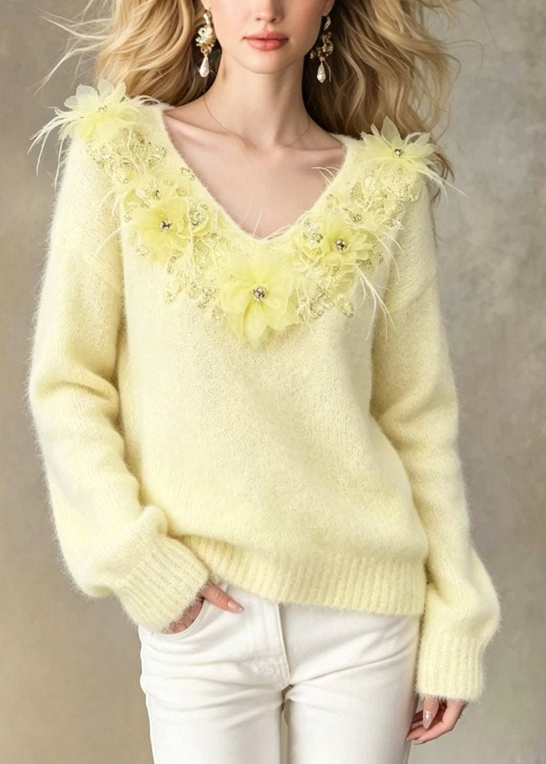 Art Yellow V Neck Thick Floral Knit Short Sweater Fall