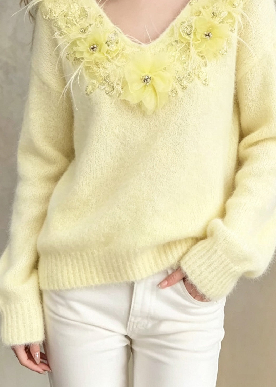 Art Yellow V Neck Thick Floral Knit Short Sweater Fall