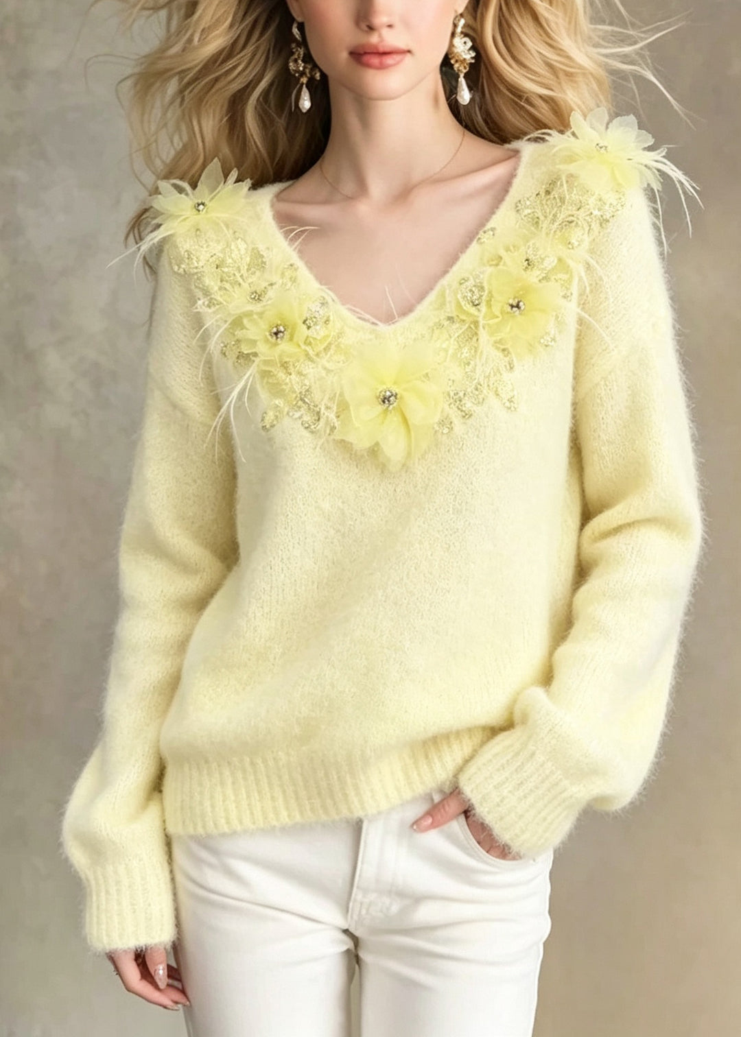 Art Yellow V Neck Thick Floral Knit Short Sweater Fall