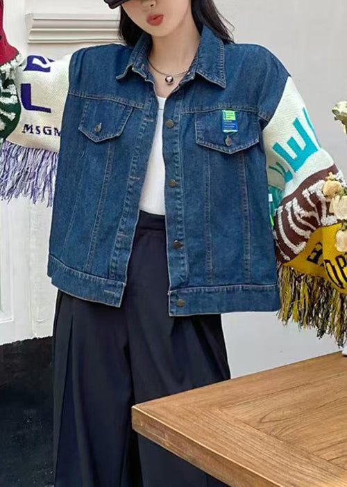 Artistic Blue Tasseled Knit Sleeves Patchwork Denim Coats