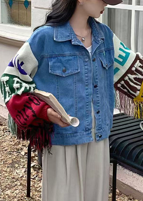 Artistic Blue Tasseled Knit Sleeves Patchwork Denim Coats