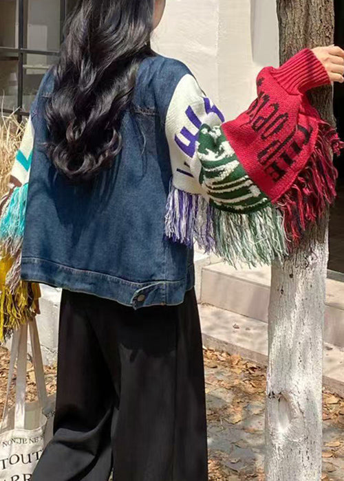 Artistic Blue Tasseled Knit Sleeves Patchwork Denim Coats
