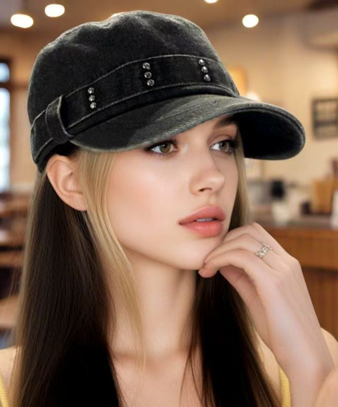 Autumn And Winter Black Denim Rivet Hat