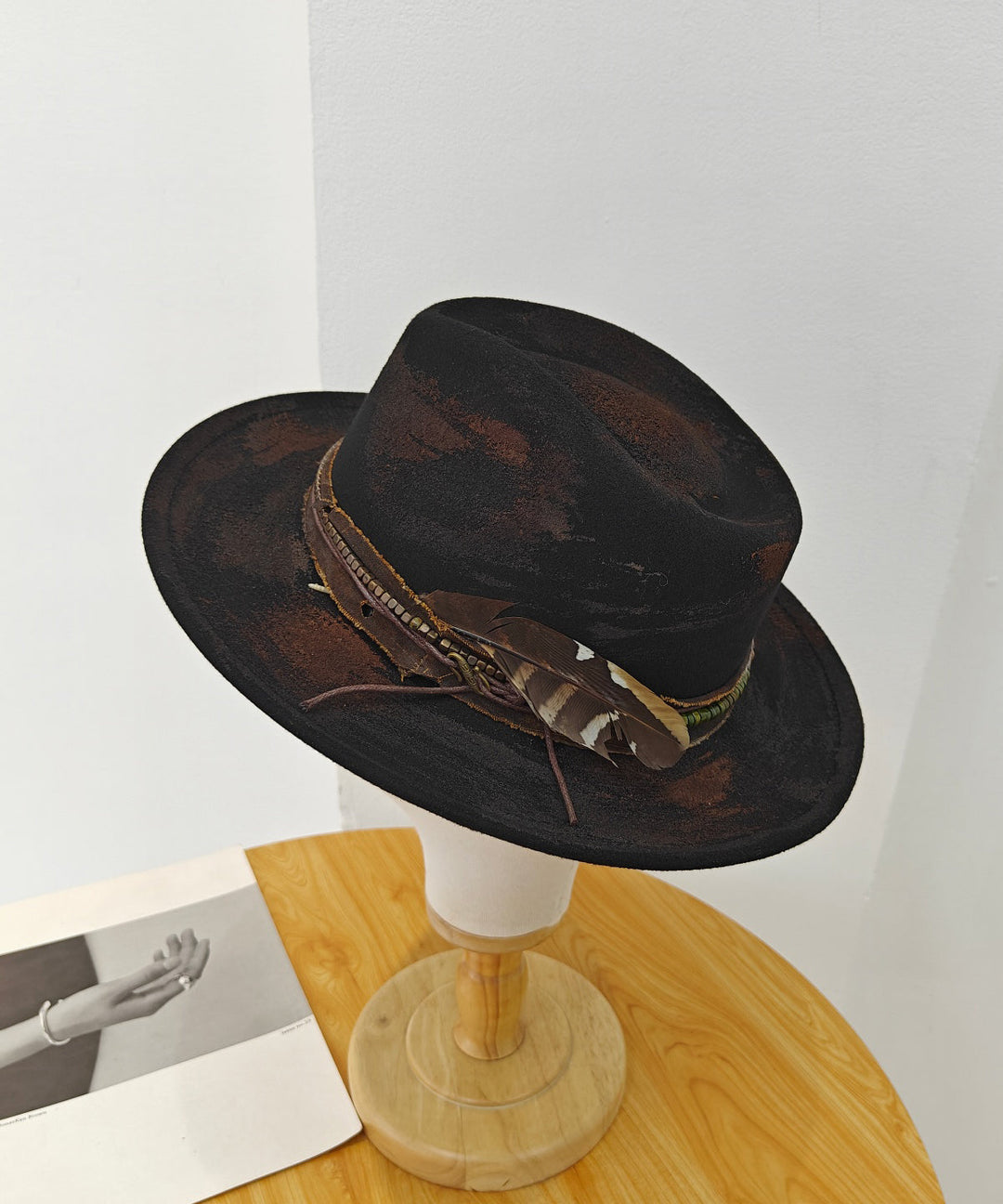 Autumn And Winter Black Feather Woolen Cowboy Hat