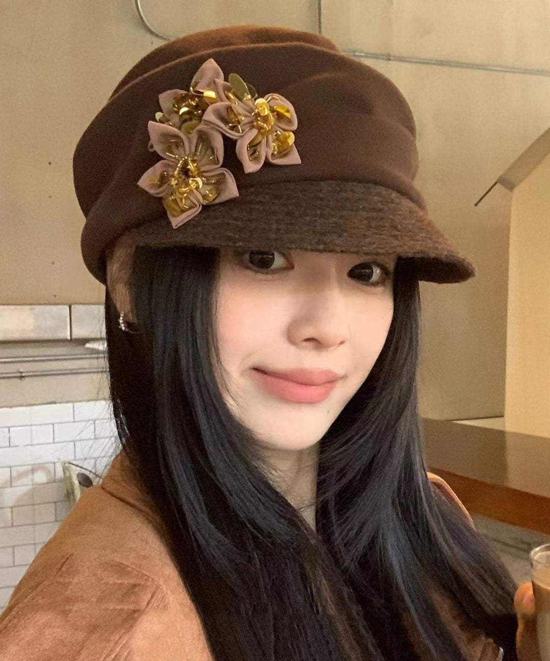 Autumn And Winter Versatile Coffee Pleated Flower Hat